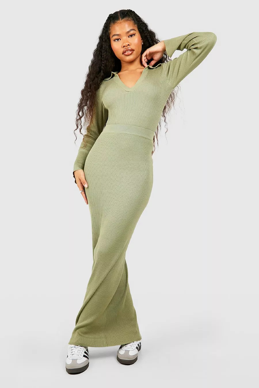 Petite Polo Collar Rib Knit Top And Maxi Skirt Set | boohoo (US & Canada)