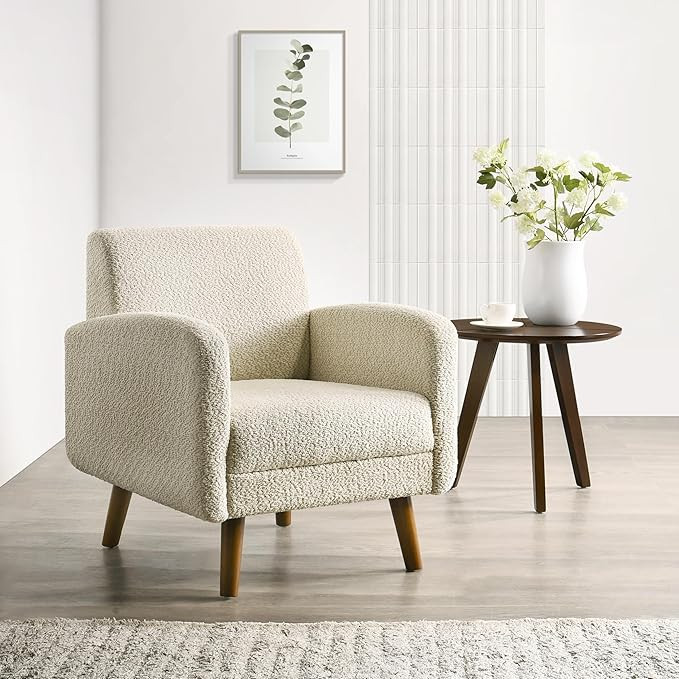 Accent Chairs for Living Room, Comfy Boucle Mid Century Modern Single Sofa Chair with Rubberwood ... | Amazon (US)