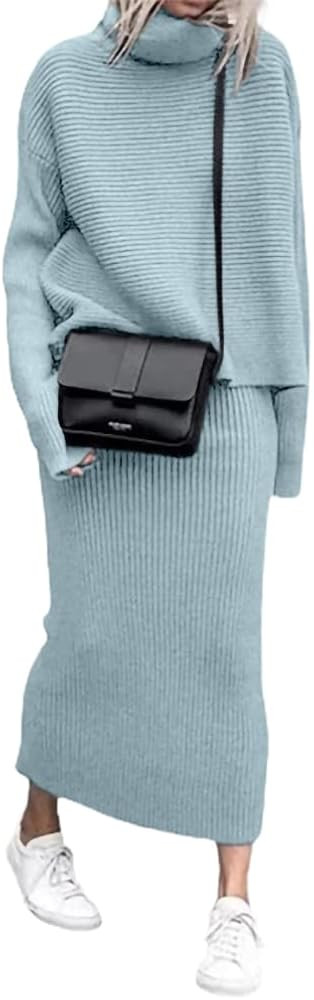 chouyatou Women's Turtleneck 2 Piece Outfits Ribbed Knit Sweater Midi Pencil Skirt Set | Amazon (US)