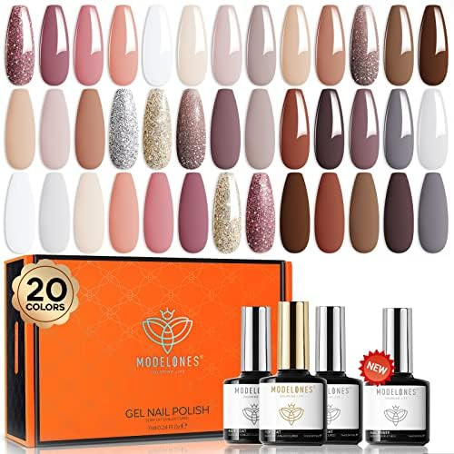 modelones 24 Pcs Neutral Gel Nail Polish Kit, 20 Colors Nude Pink Milky White Glitter Brown Nail ... | Amazon (US)