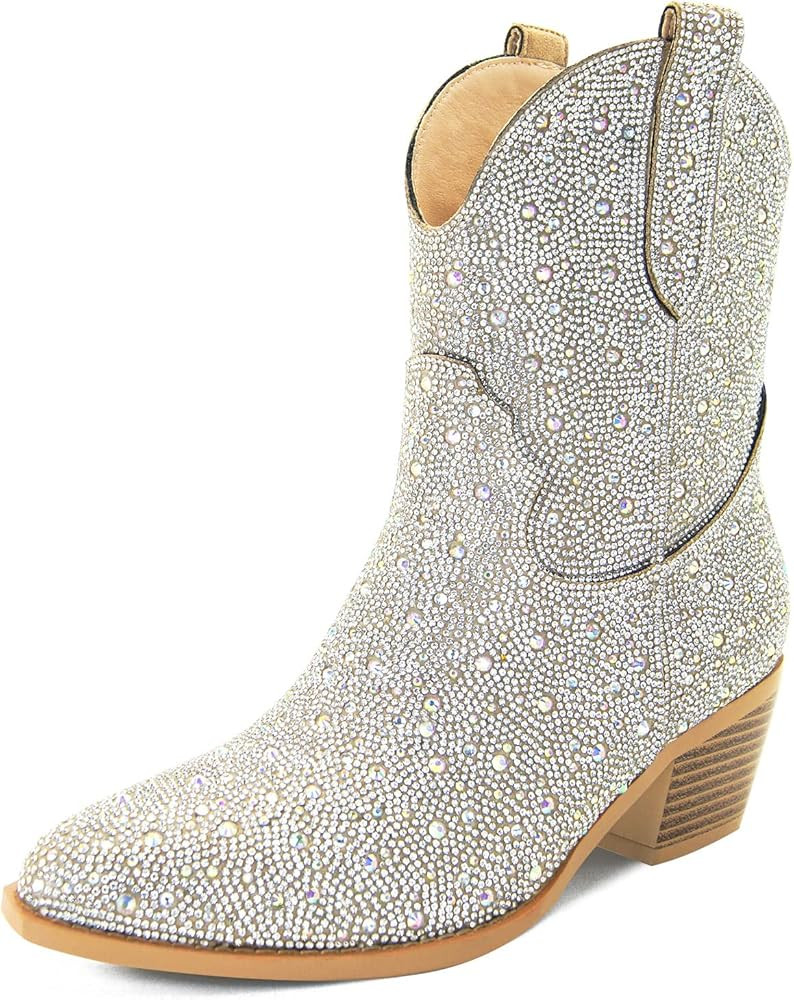 SOVANYOU Rhinestone Cowboy Boots for Women Pointed Toe Low Block Heel Booties Slip on Western Ank... | Amazon (US)