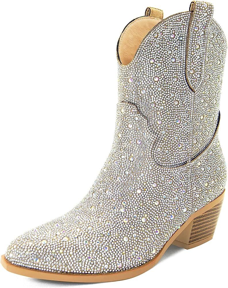 SOVANYOU Rhinestone Cowboy Boots for Women Pointed Toe Low Block Heel Booties Slip on Western Ank... | Amazon (US)