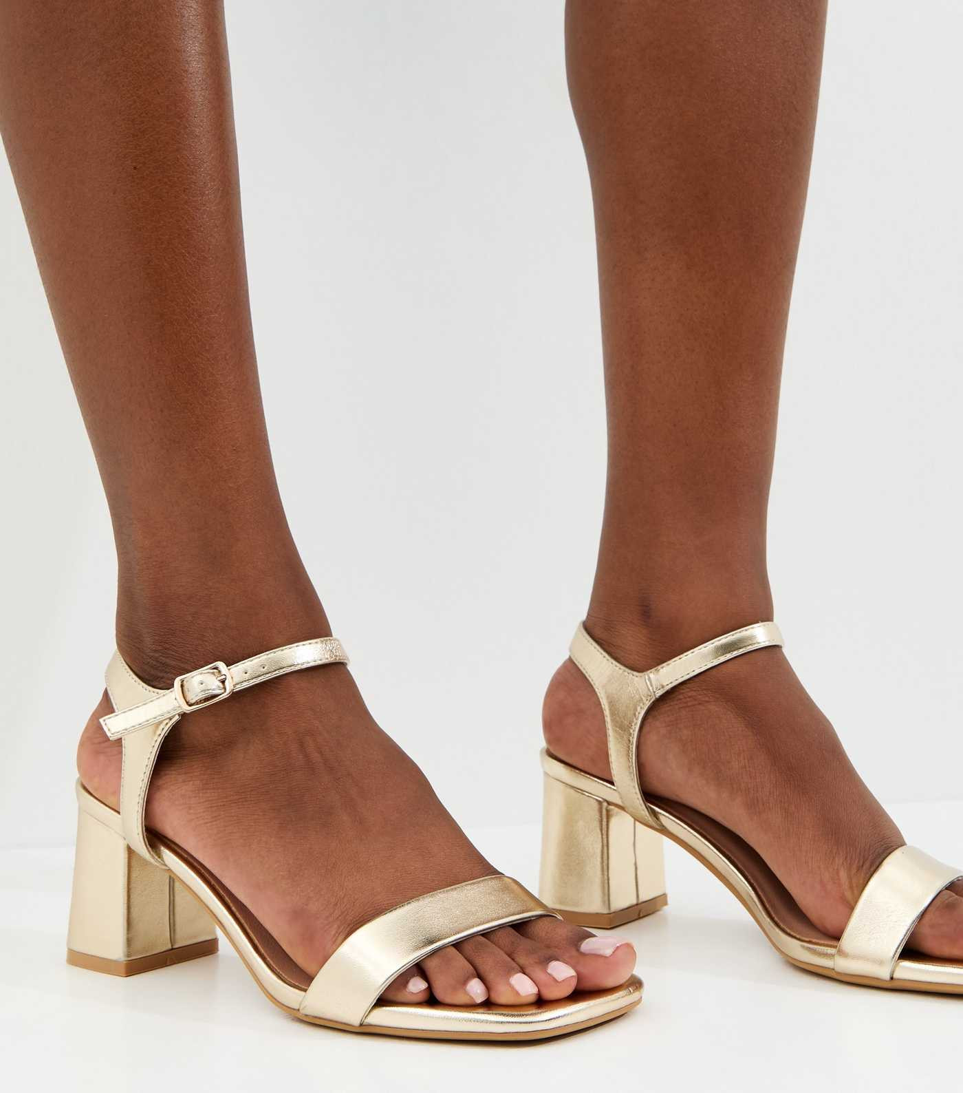 Gold Faux Leather Square Toe Block Heel Sandals | New Look | New Look (UK)