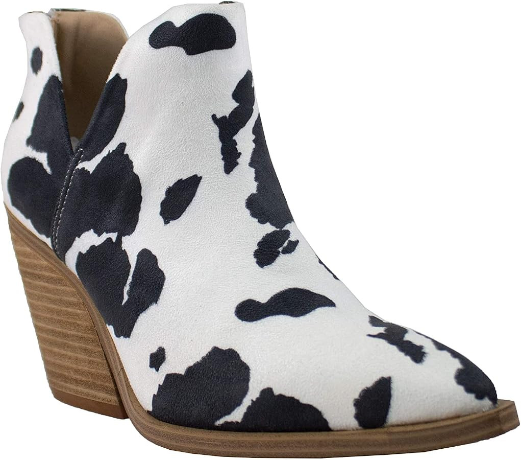 Womens Booties with Cow Print Slip On Ankle Boots for Women Low Heel Suede Boot | Amazon (US)