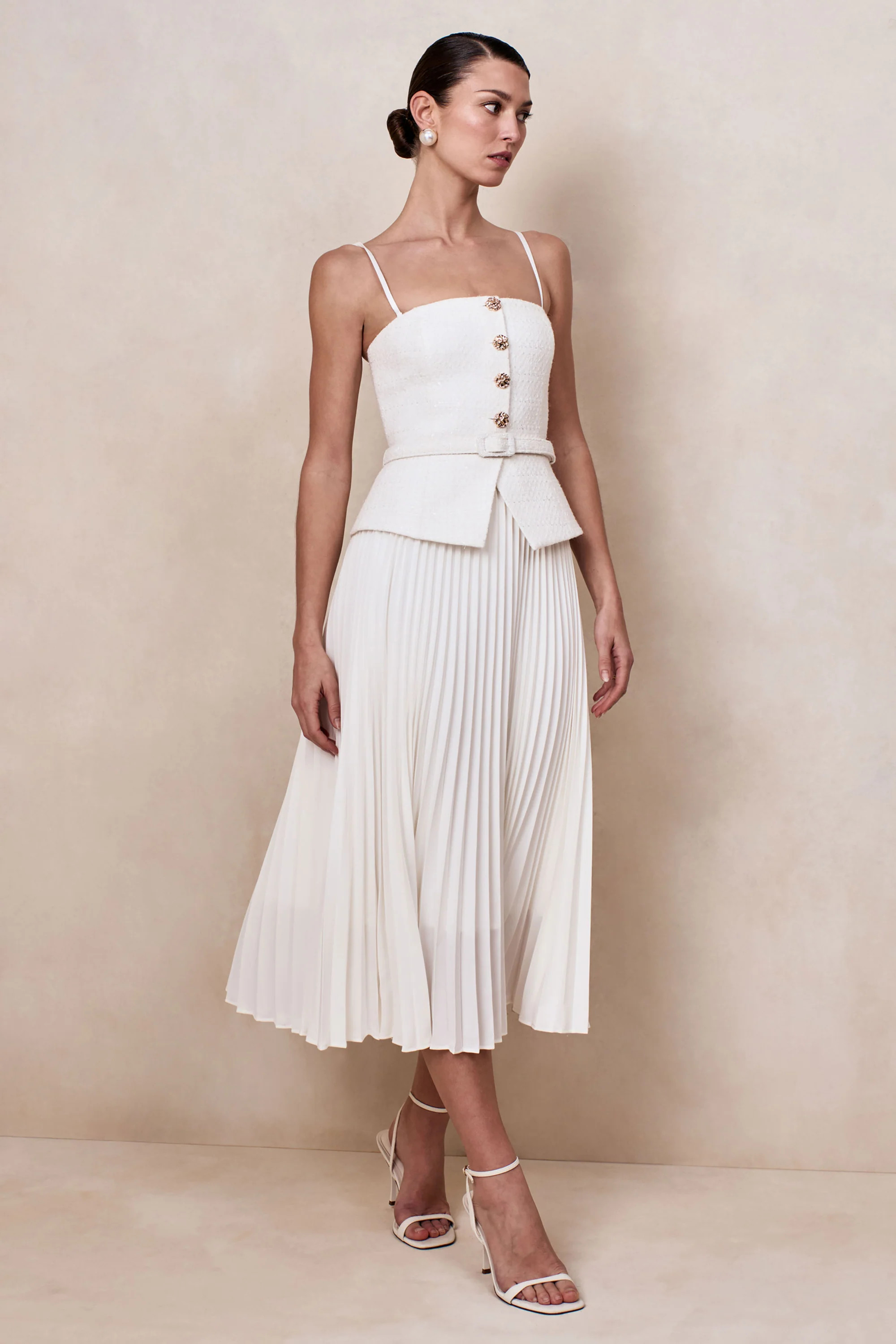 Lizzy | Cream Square-Neck Midi Dress With Pleated-Skirt | Club L London