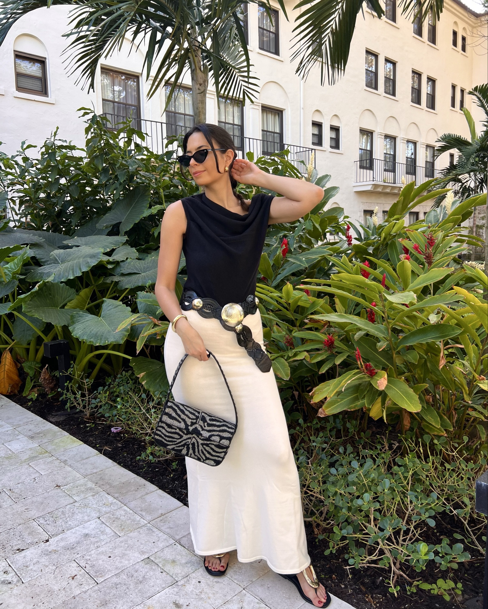 Vacation style, vacation outfits, vacation outfit of the day, resort wear, Boca Raton, Florida style, Boca chic, maxi skirt, off the shoulder top, statement belt, vacation outfit inspiration 