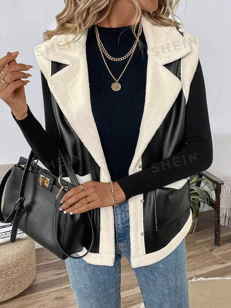 SHEIN LUNE Casual Women Faux Fur & Leather Sleeveless Jacket With Pockets, Warm Winter Vest | SHE... | SHEIN