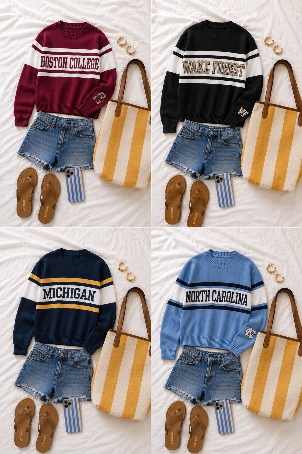 College sweaters. Love these!! So cute paired with denim shorts