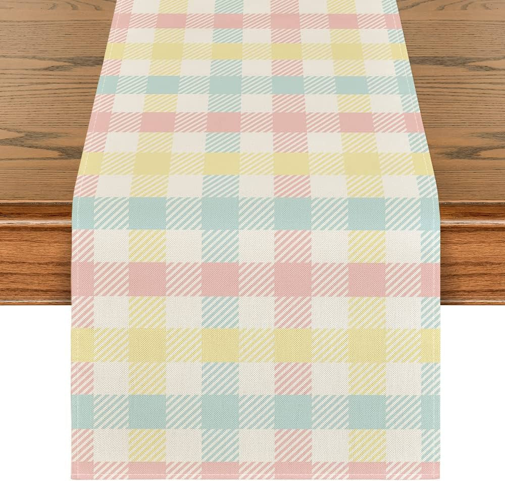 Artoid Mode Blue Pink Yellow Buffalo Plaid Easter Table Runner, Daily Holiday Check Kitchen Dinin... | Amazon (US)