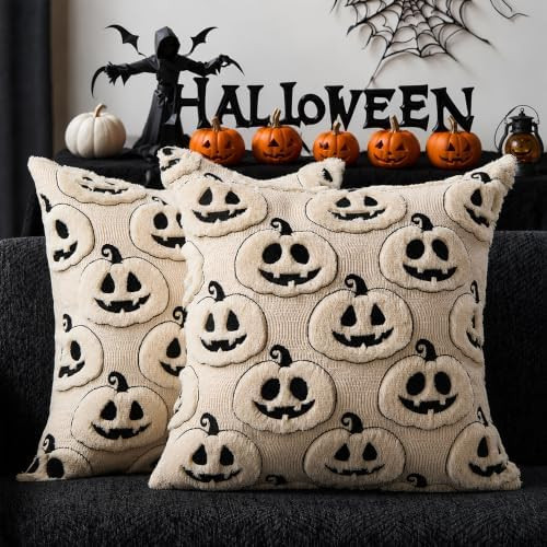 DFXSZ Fall Halloween Pillow Covers 18x18 Set of 2 Beige-Black Pumpkin Decor | Amazon (US)