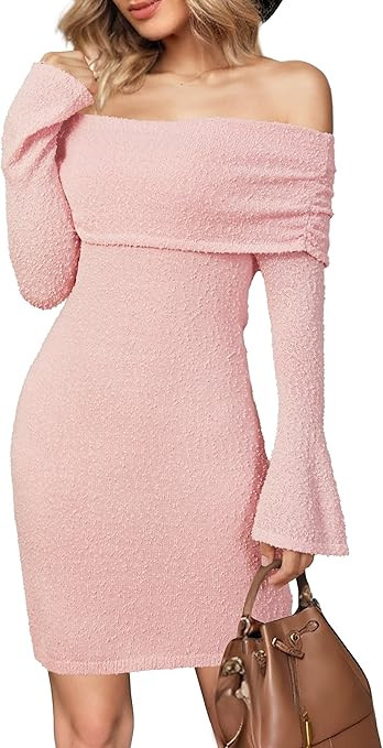 Arach&Cloz Women's Wool Blend Long Sleeve Off Shoulder Sweater Dresses 2025 | Amazon (US)