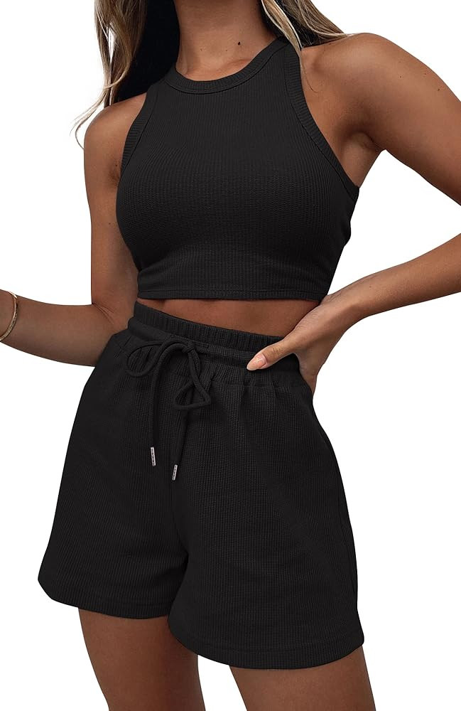 Lingswallow 2 Piece Women Lounge Sets - Sleeveless Crop Top and Shorts Waffle Lounge Set Tracksuits  | Amazon (US)