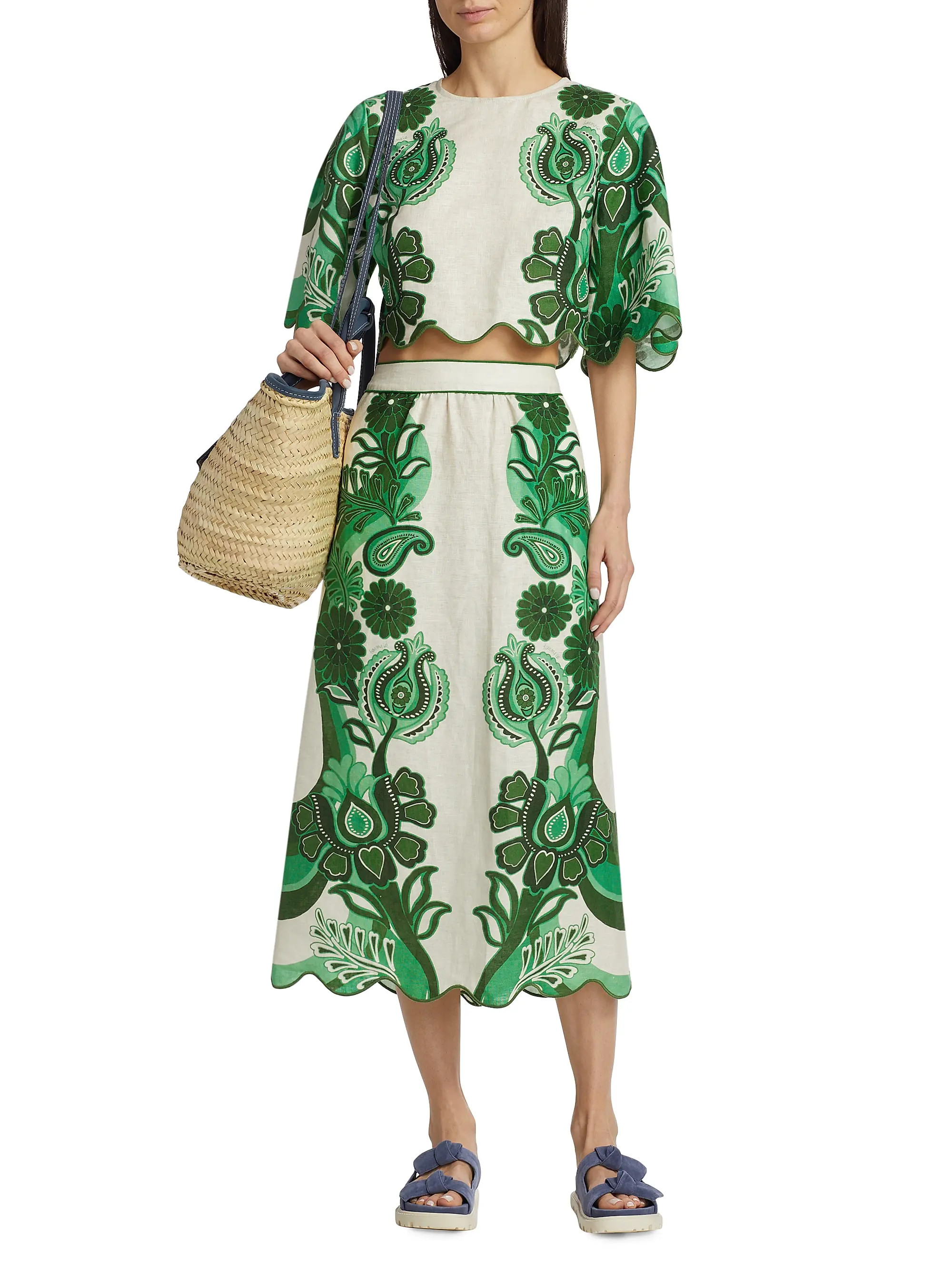 Geometric Floral Linen Midi-Skirt | Saks Fifth Avenue