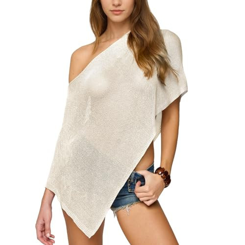 Yioaga Sheer Poncho for Women Trendy Off Shoulder Asymmetric Knit Cover Up Vacation Shawl Shrug Lightweight Sweater Top(Apricot,L) | Amazon (US)