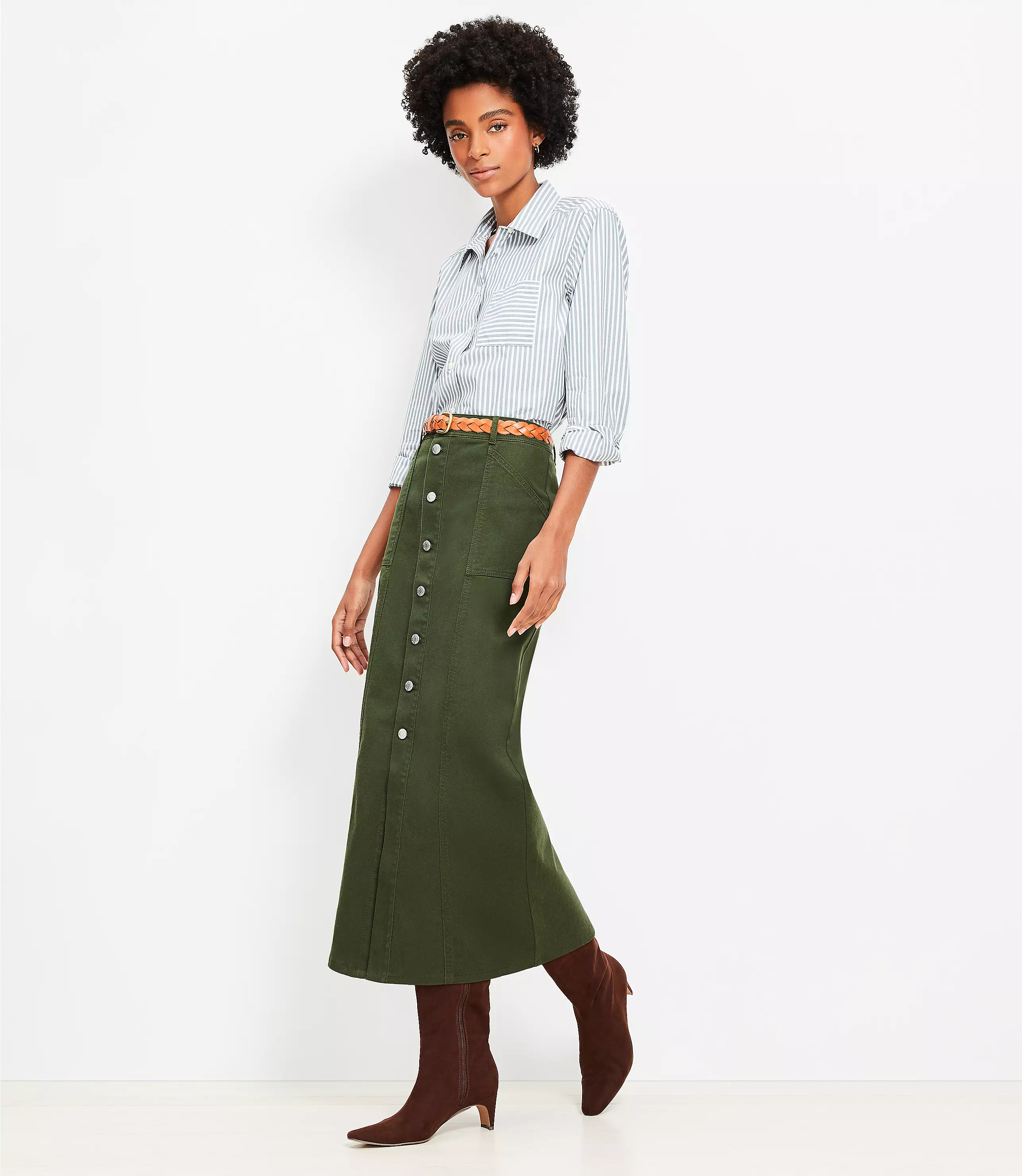 Petite Twill Button Pocket Midi Skirt | LOFT