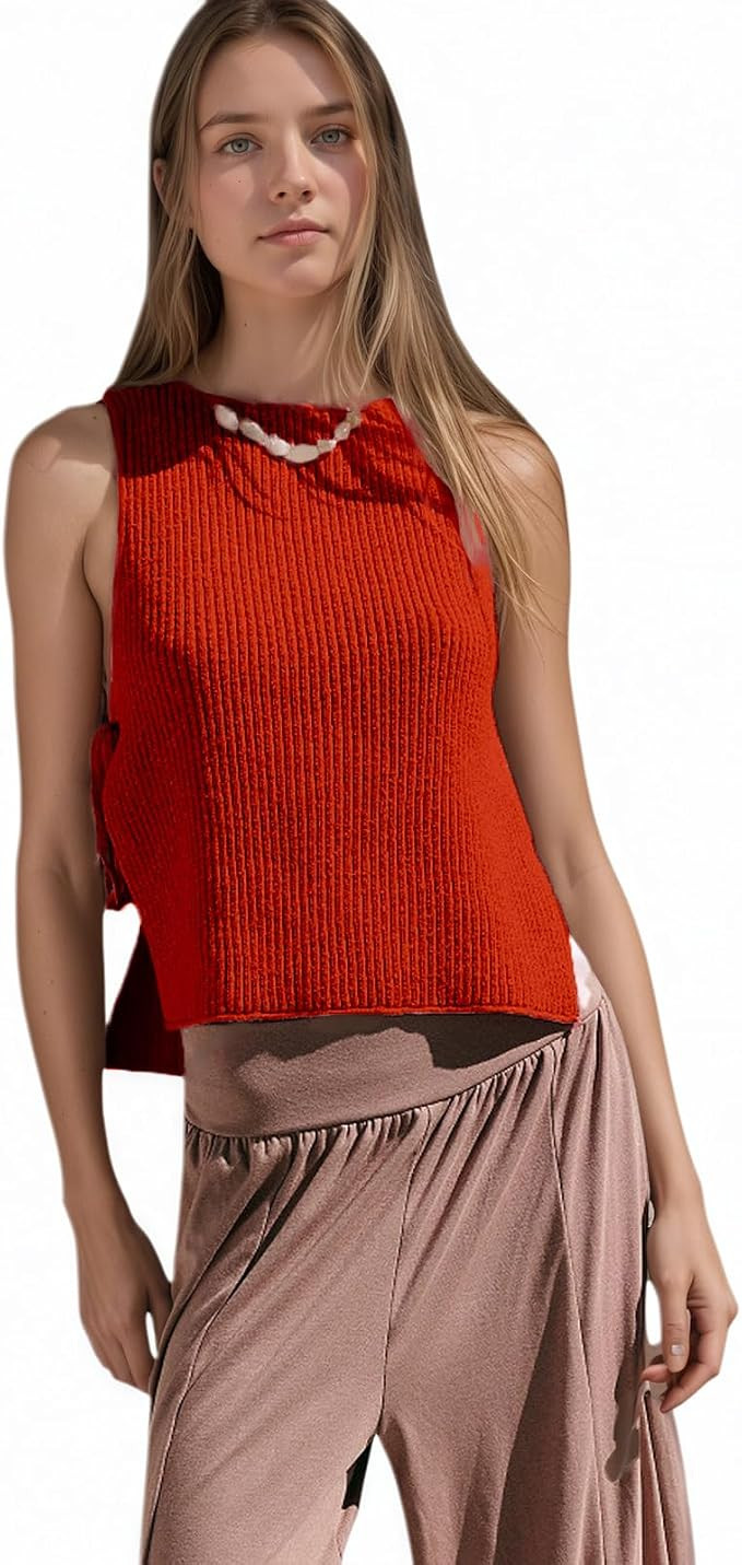 Women's Sleeveless Sweater Tie Side Ribbed Knit Tank Top Crew Neck Knitted Vest | Amazon (US)