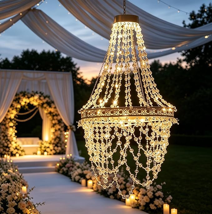 Solar Hanging Crystal Chandelier Outdoor Decorative Garden Light | Acrylic crystals with 54 warm ... | Amazon (US)