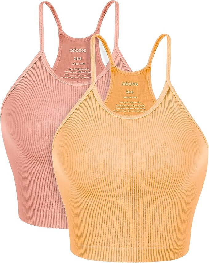 ODODOS Women's Crop 3-Pack Washed Seamless Rib-Knit Camisole Crop Tank Top | Amazon (US)