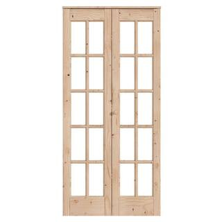 Fredbeck 30 in. x 80 in. (Double 15 in) Paintable Clear Glass Solid Core Wood Spruce Brown Bi-fol... | The Home Depot