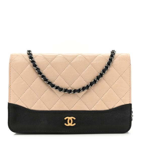 Aged Calfskin Quilted Gabrielle Wallet On Chain WOC Beige Black | FASHIONPHILE (US)