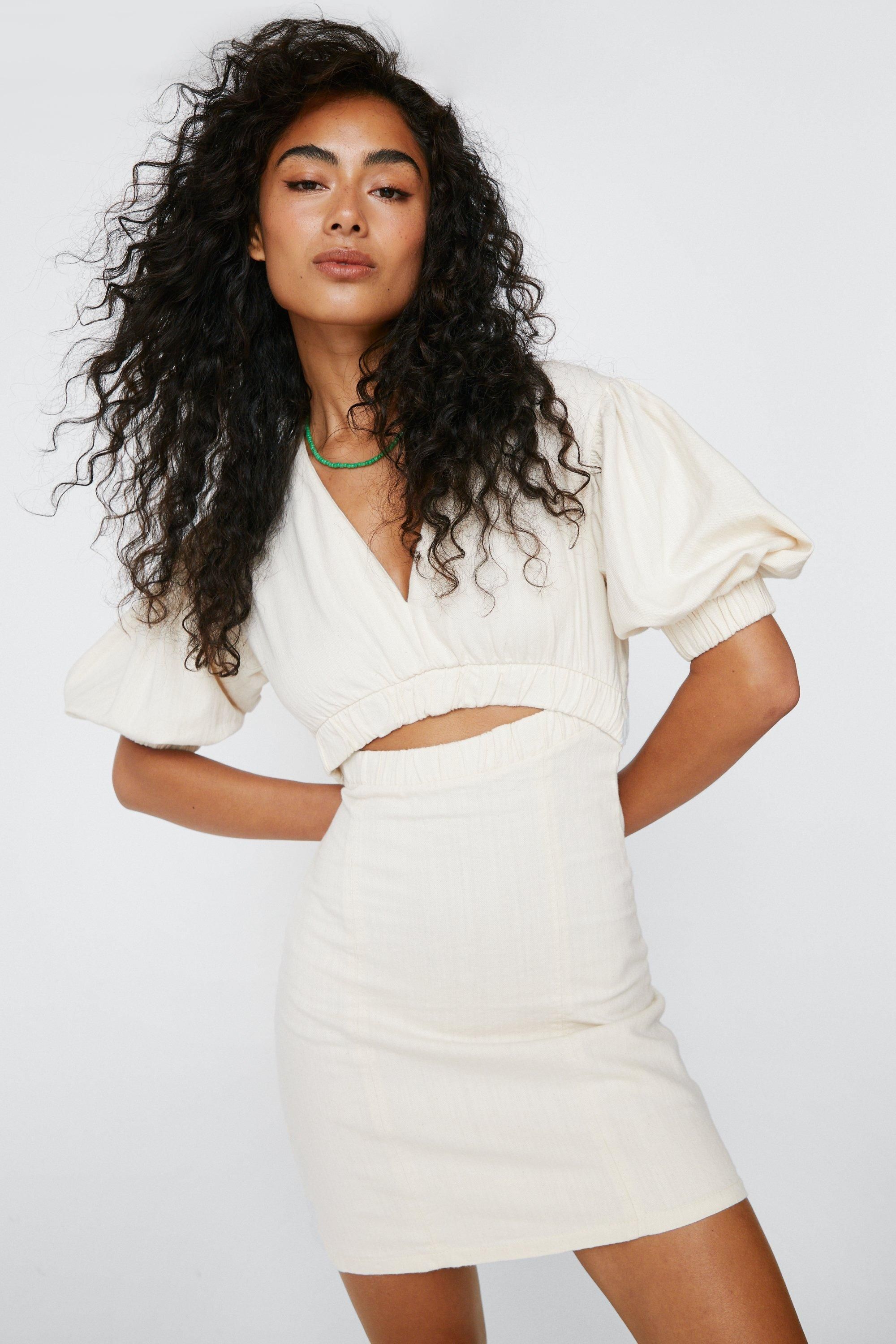 Womens Puff Sleeve V-Neckline Mini Dress - White - M | Nasty Gal (US)