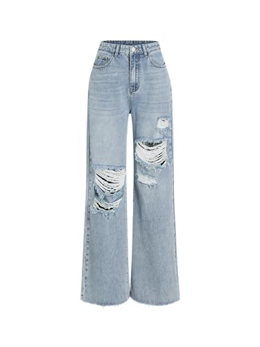 CIDER Women’s Ripped Jeans High Waisted Distressed Baggy Straight Wide Leg Pants: Denim, S | Amazon (US)