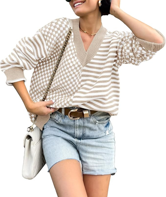 Saodimallsu Womens Checkered Striped Sweater V Neck Long Sleeve 2024 Fall Trendy Loose Knit Cozy ... | Amazon (US)