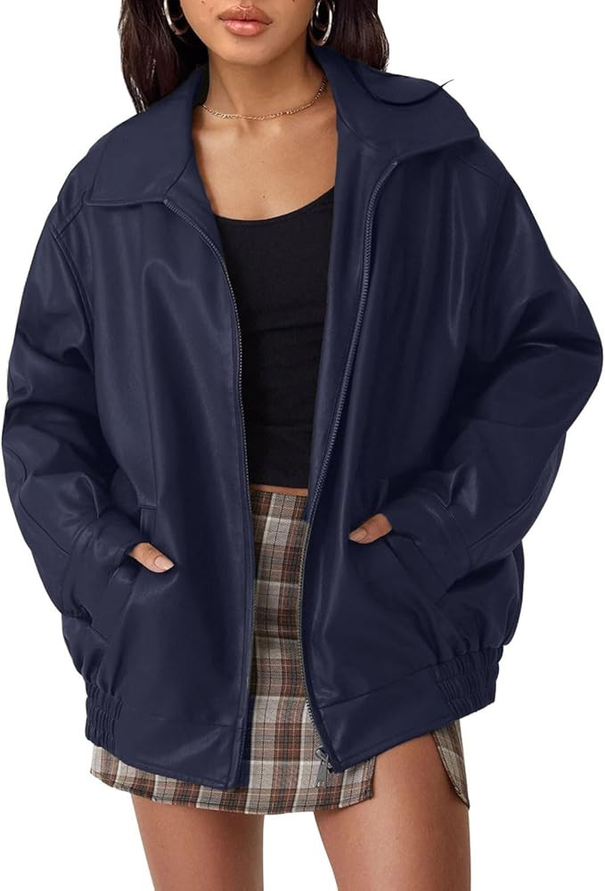 hathne Women's Oversized Faux Leather Jacket Long Sleeve Zip Up Motocycle Bomber Jackets Coats Ou... | Amazon (US)