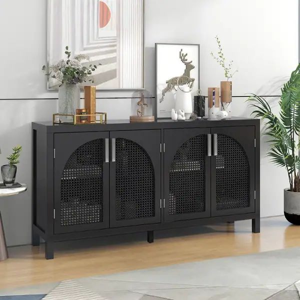 Modern Storage Sideboard with Artificial Rattan Door for Entryway - Black | Bed Bath & Beyond