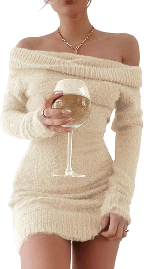 FAIRY SEASON Women's 2025 Off The Shoulder Sweater Mini Dress Long Sleeve Ribbed Bodycon Pullover... | Amazon (US)