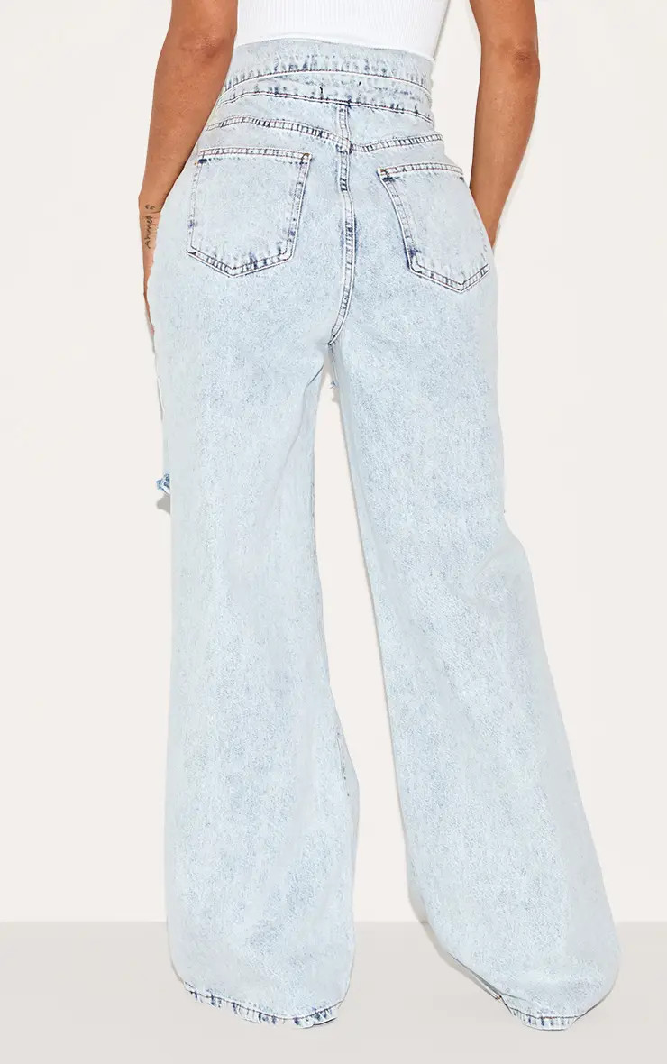 Light Blue Acid Wash Shape Light Blue Acid Wash Denim Foldover Waist Ripped Wide Leg Jeans | Pret... | PrettyLittleThing US
