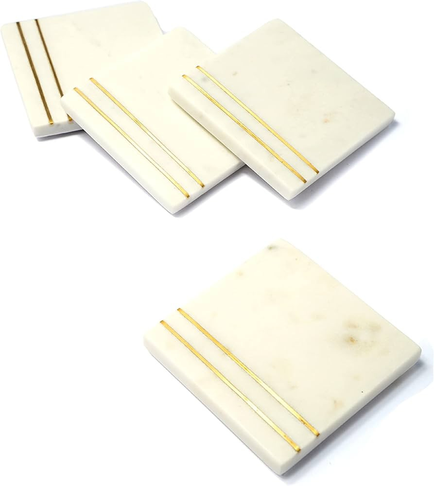 Lexi Home White Marble Coasters with Brass Inlays, Square Coaster Set for Coffee Bar & Kitchen Ta... | Amazon (US)