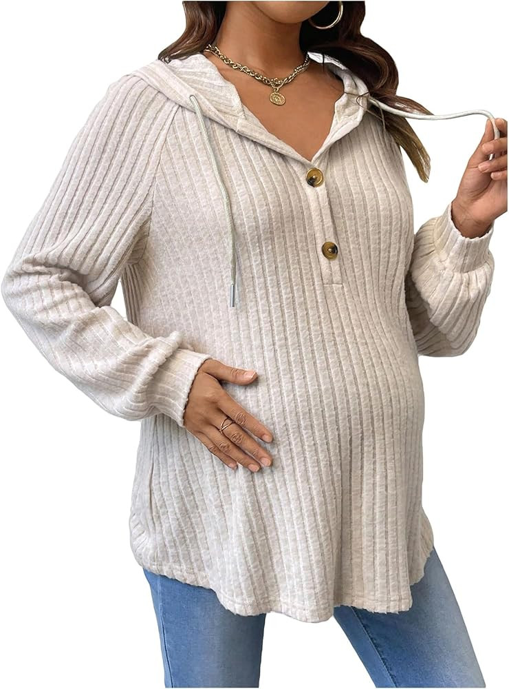 MakeMeChic Women's Maternity Sweatshirt Drawstring Button Long Sleeve Knitted Hoodie Pullover Swe... | Amazon (US)