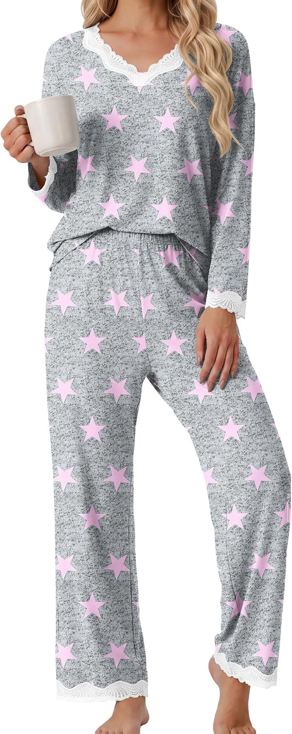 PrinStory Womens Pajamas Sets 2 Piece V Neck Pj Set with Lace Trim | Amazon (US)