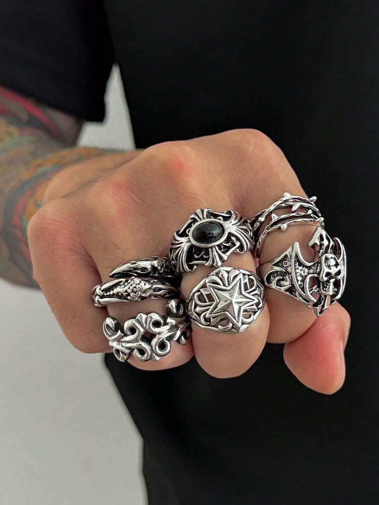 6pcs Punk Style Skull & Star Design Rings Set, Casual Everyday Wear For Men | SHEIN