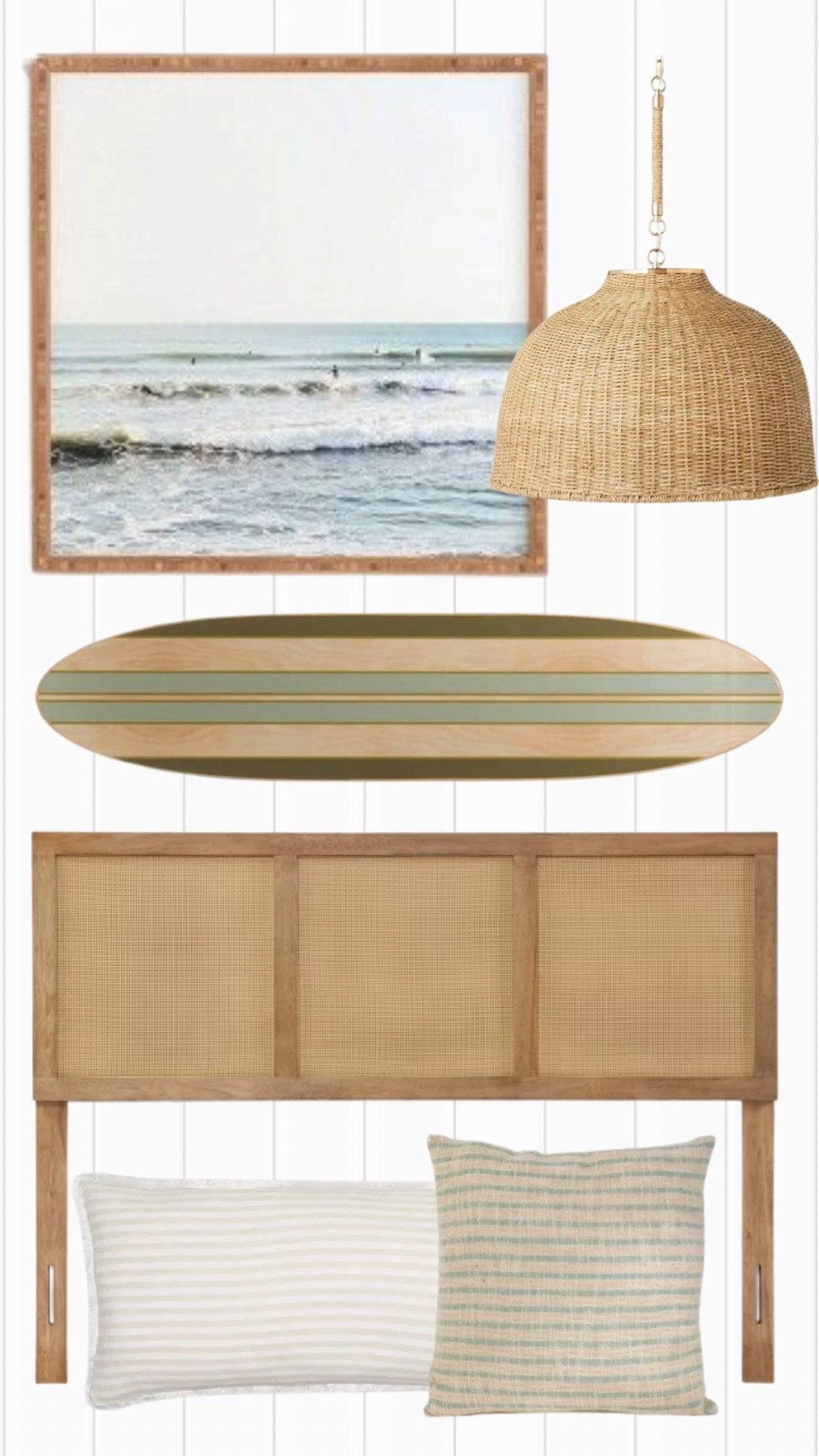 Give your room that relaxed, coastal feel that you've always wanted with only SIX items and less than $650. Your dream IS within reach and I can help you get there. 

Surfboard. Headboard. Woven pendant. Linen pillows  