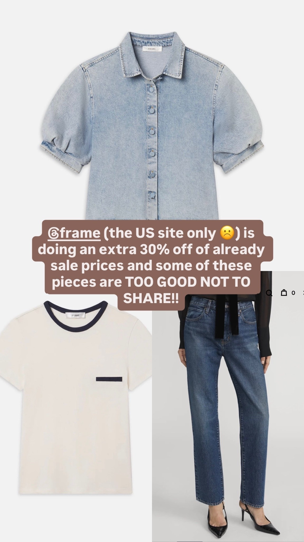 Frame sale. Extra 30% off!!

The Hang jeans I take my regular size and it’s roomy 👌🏻. 
The baby tee runs tts. The shape and silhouette is excellent. It’s not tight & does not cling on my body. 
Took xs in the denim shirt.

#LTKsale #LTKpetite