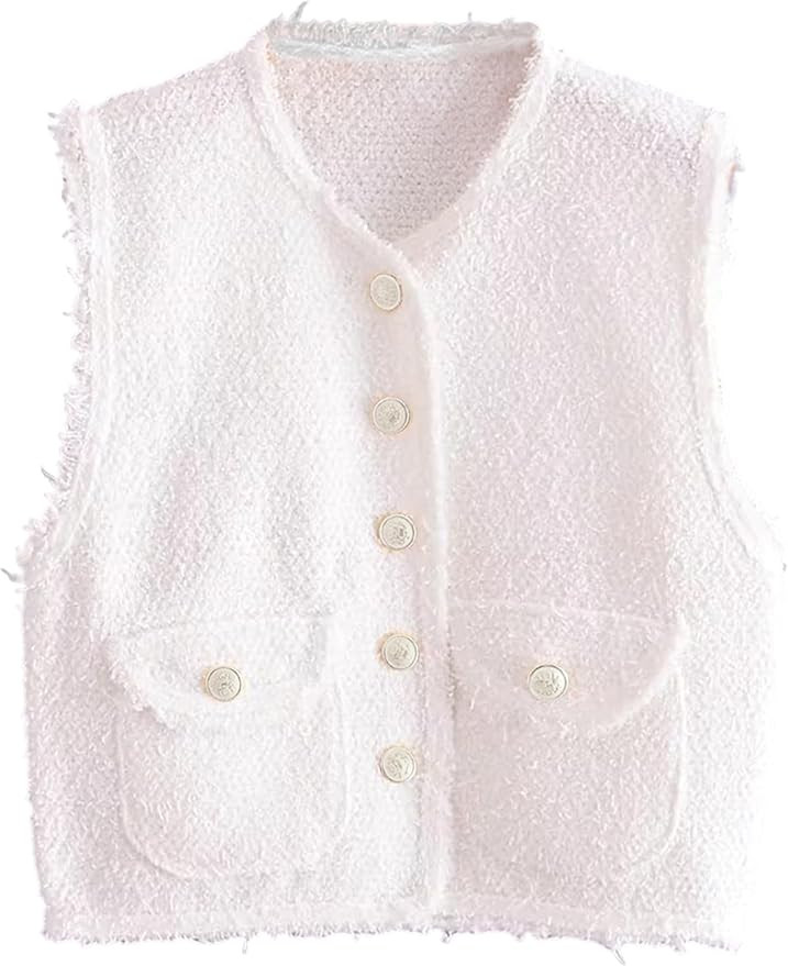 Women's Vest Lightweight Sleeveless V-neck Tweed Solid Blazers Textured Frayed Hem Button Front J... | Amazon (US)