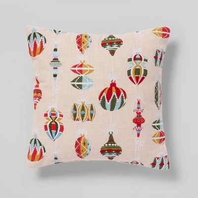 Embroidered Ornament Square Christmas Throw Pillow Blush - Threshold&#8482; | Target