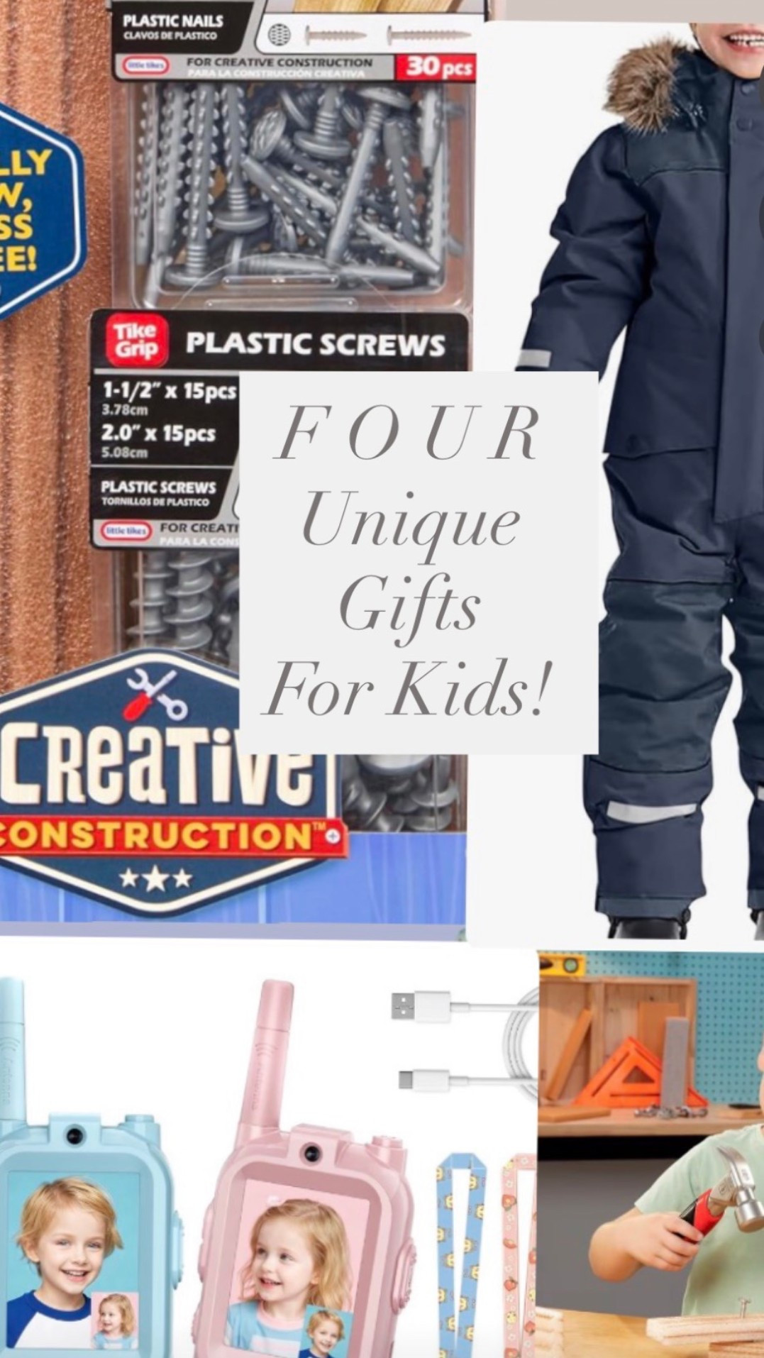 Four unique gifts for kids! Creative construction foam wood and plastic screws, a hammer they can actually use, a one piece snowsuit, an video walkie talkies! 

#LTKKids #LTKFindsUnder50 #LTKGiftGuide