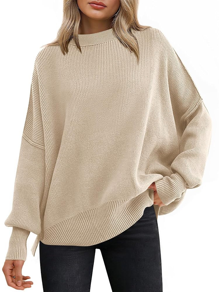 ANRABESS Women Oversized Sweaters Batwing Long Sleeve 2025 Fall Outfits Crewneck Casual Knit Side... | Amazon (US)