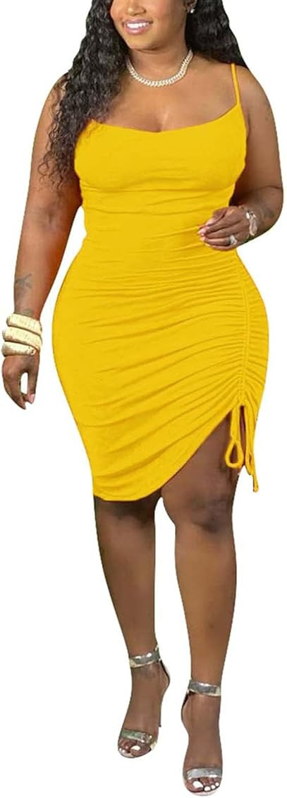 Halfword Womens Plus Size Sexy Ruched Drawstring Summer Spaghetti Strap Sleeveless Party Midi Dress | Amazon (US)