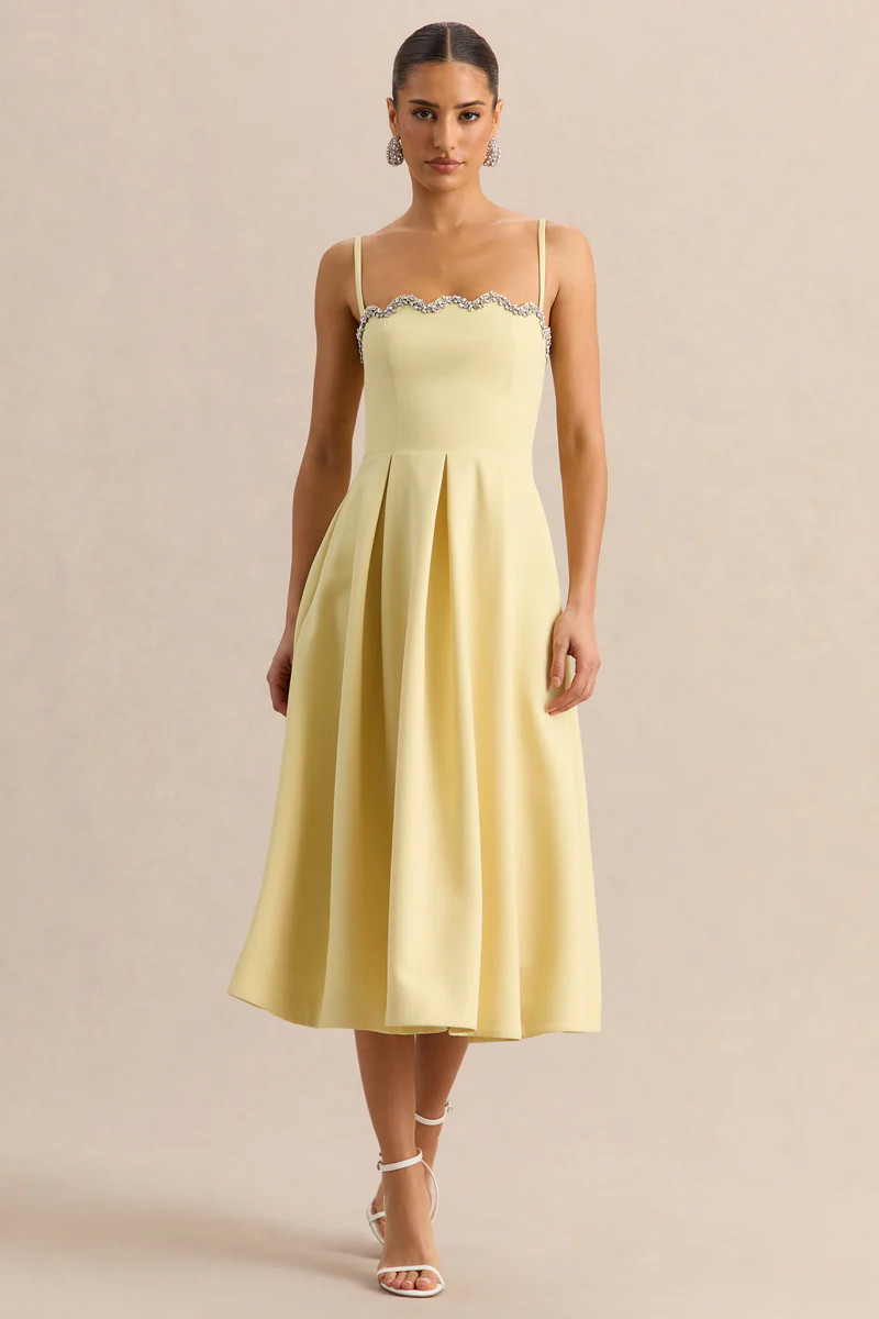 Evoria  Lemon Scalloped Square-Neck Midi Dress | Club L London
