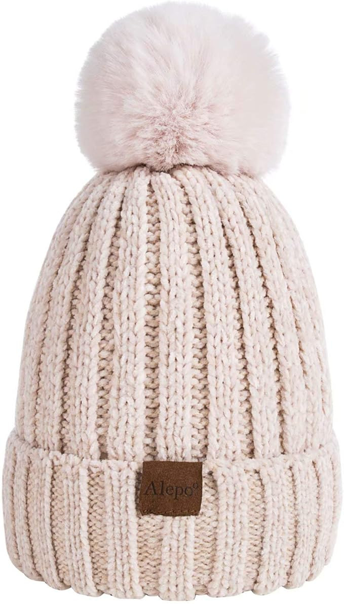Alepo Womens Winter Beanie Hat, Warm Fleece Lined Knitted Soft Ski Cuff Cap with Pom Pom | Amazon (US)
