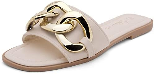 Shoe Land Women's Flat Sandals - Square Open Toe Single Band Fashion Slides with Metal Chain Dres... | Amazon (US)