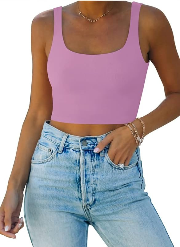 REORIA Women’s Sexy Square Neck Double Lined Seamless Sleeveless Cropped Tank Yoga Crop Tops | Amazon (US)
