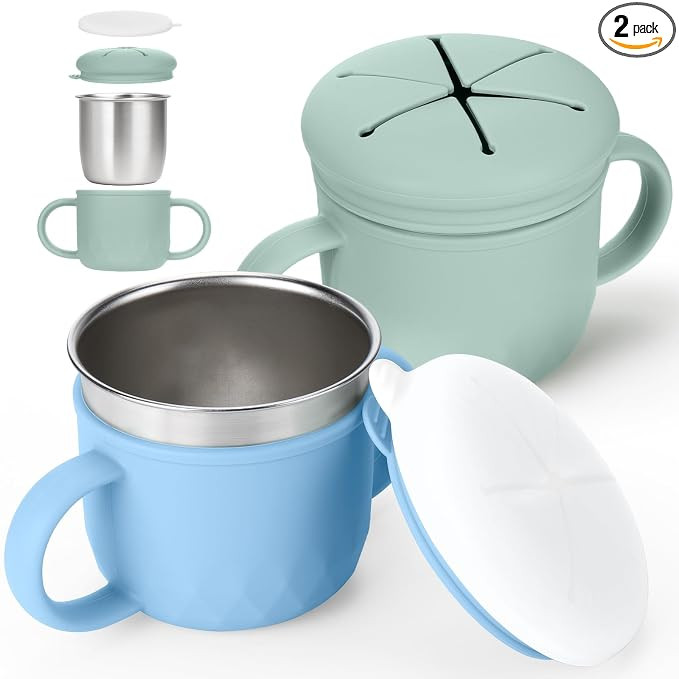 Mity rain 2-Pack Stainless Steel Snack Containers, 4-in-1 Spill proof Snack Cups With Silicone Li... | Amazon (US)