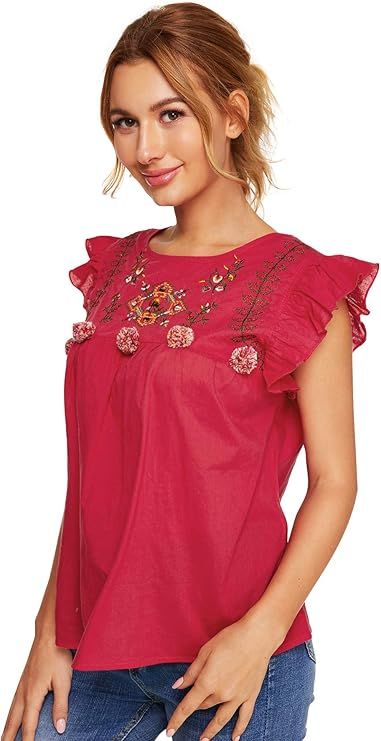 Romwe Women's Sleeveless Floral Embroidery Ruffle Summer Boho Blouse Top | Amazon (US)
