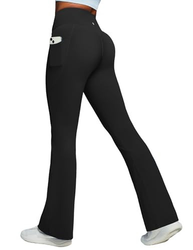 Heathyoga Mini Flare Leggings for Women Tummy Control Scrunch Butt Leggings with Pockets for Women No Front Seam Yoga Pants Black | Amazon (US)