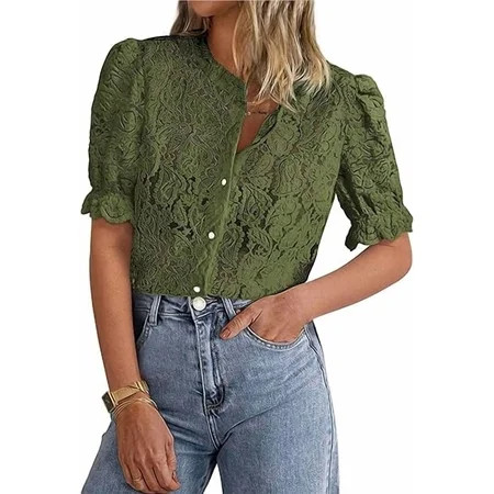PRETTYGARDEN Womens Summer Lace Tops Short Puff Sleeve Casual Dressy Blouses Eyelet Crew Neck Buttom Down Shirts | Walmart (US)